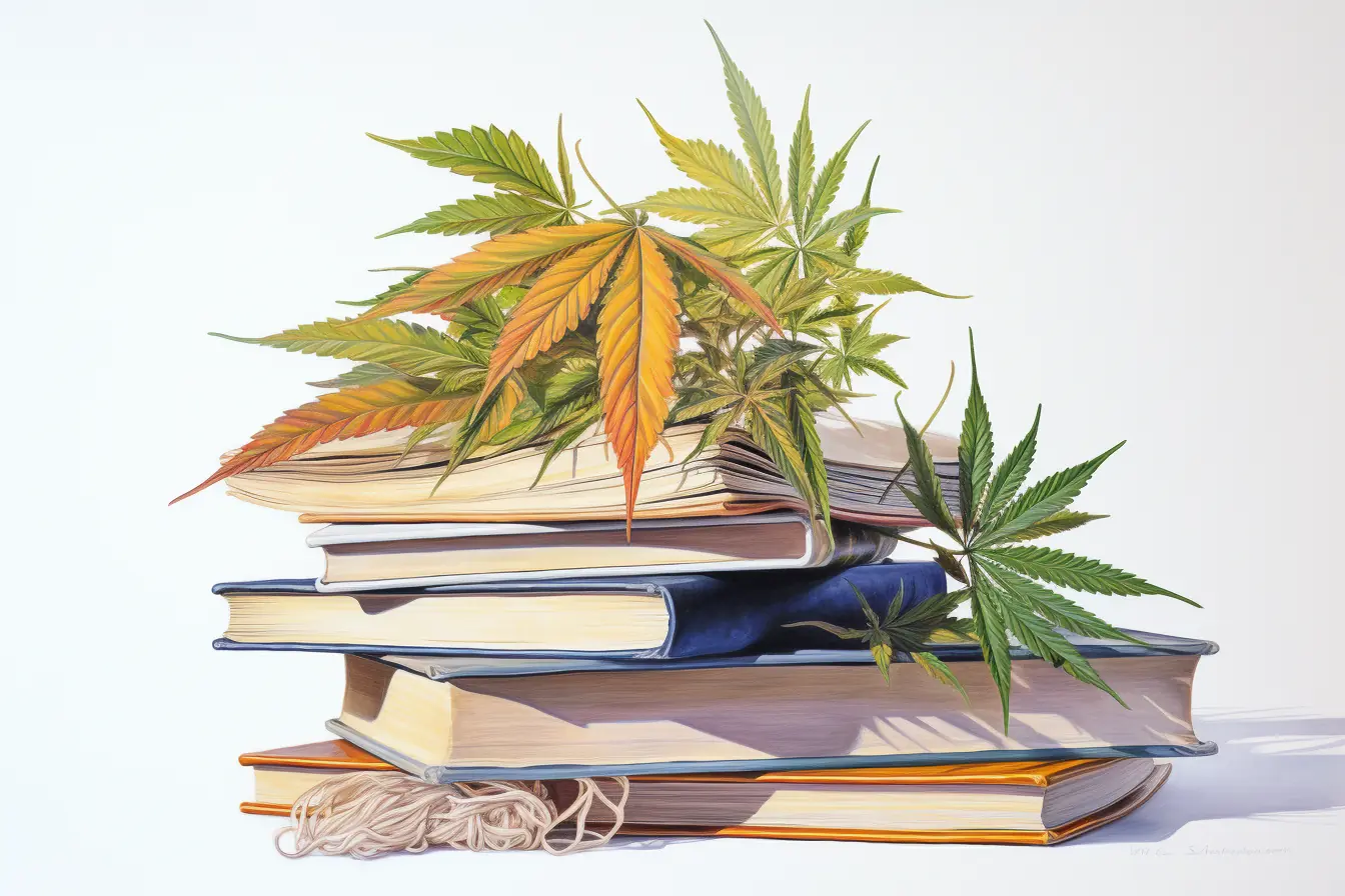 Eine originelle Kombination aus Büchern und Hanfblättern macht die Fülle von Natur und Wissen sichtbar. Die Pflanze, die viele Namen kennt, ist Cannabis. Sie macht das Lesen von farbigen Büchern reizvoller, wenn sie diese verziert.