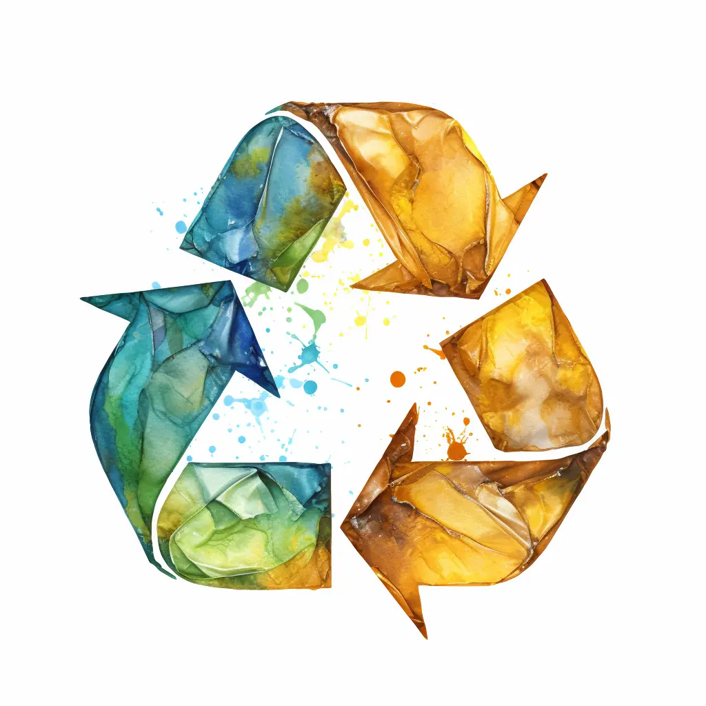 Eine kreative Abbildung, die Recycling in zarten Farben darstellt, ist ein künstlerischer Ausdruck für den Umweltschutz, der wie eine Verschmelzung aus Wirklichkeit und Zeichnung erscheint. Ein beiger Hintergrund ist die Kulisse für ein Recycling-Symbol.